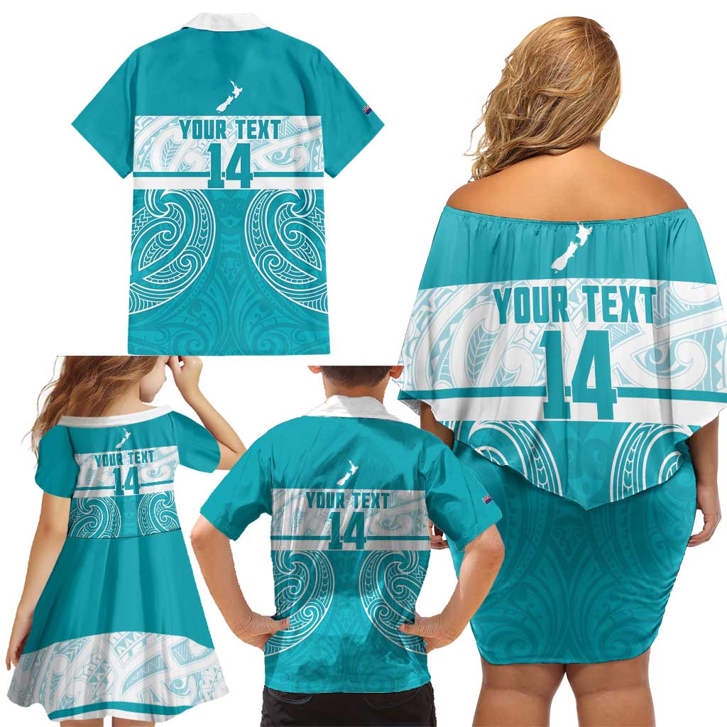 New Zealand Silver Fern Cricket Custom Family Matching Off Shoulder Short Dress and Hawaiian Shirt Black Cap Teal Maori Pattern - Vibe Hoodie