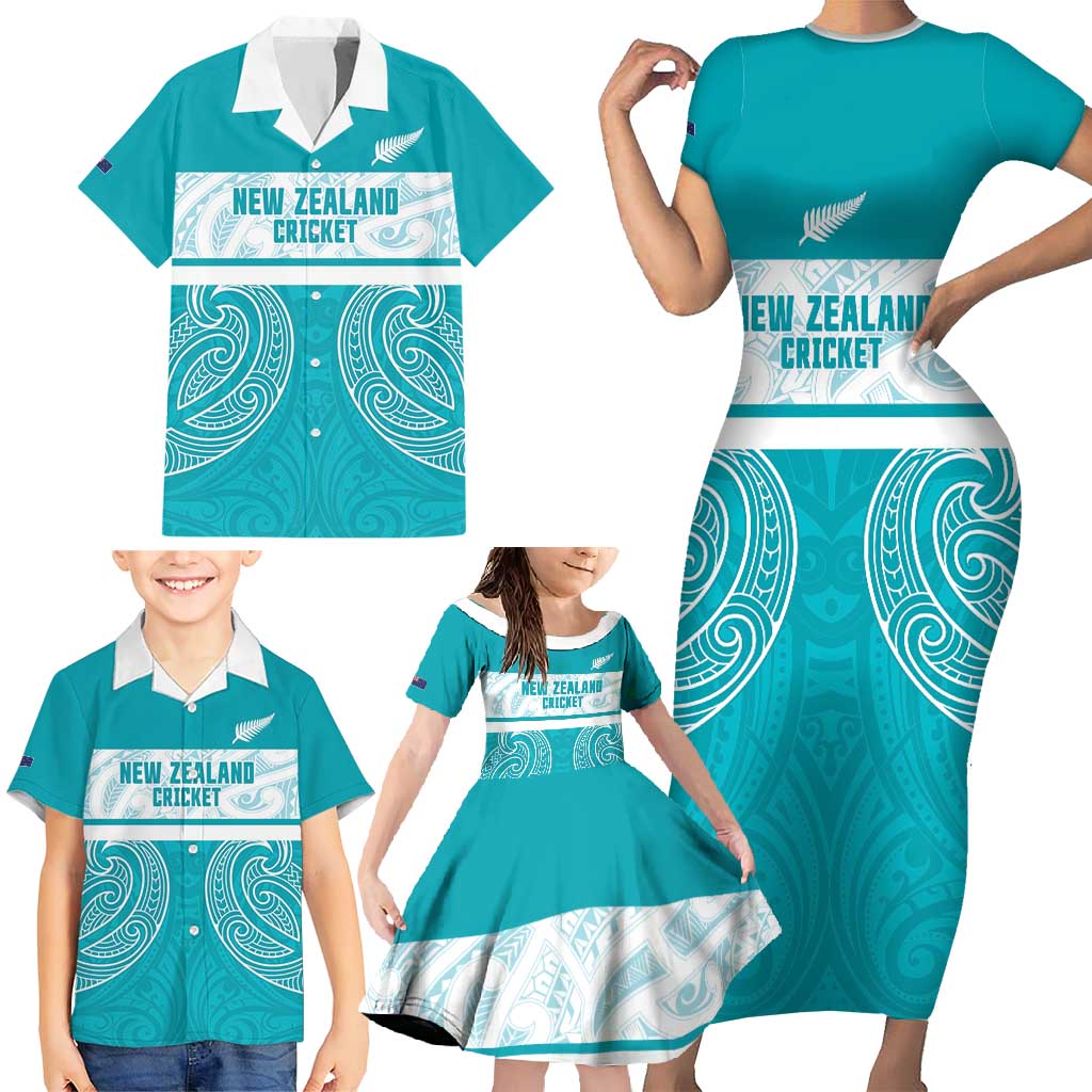 New Zealand Silver Fern Cricket Custom Family Matching Short Sleeve Bodycon Dress and Hawaiian Shirt Black Cap Teal Maori Pattern - Vibe Hoodie