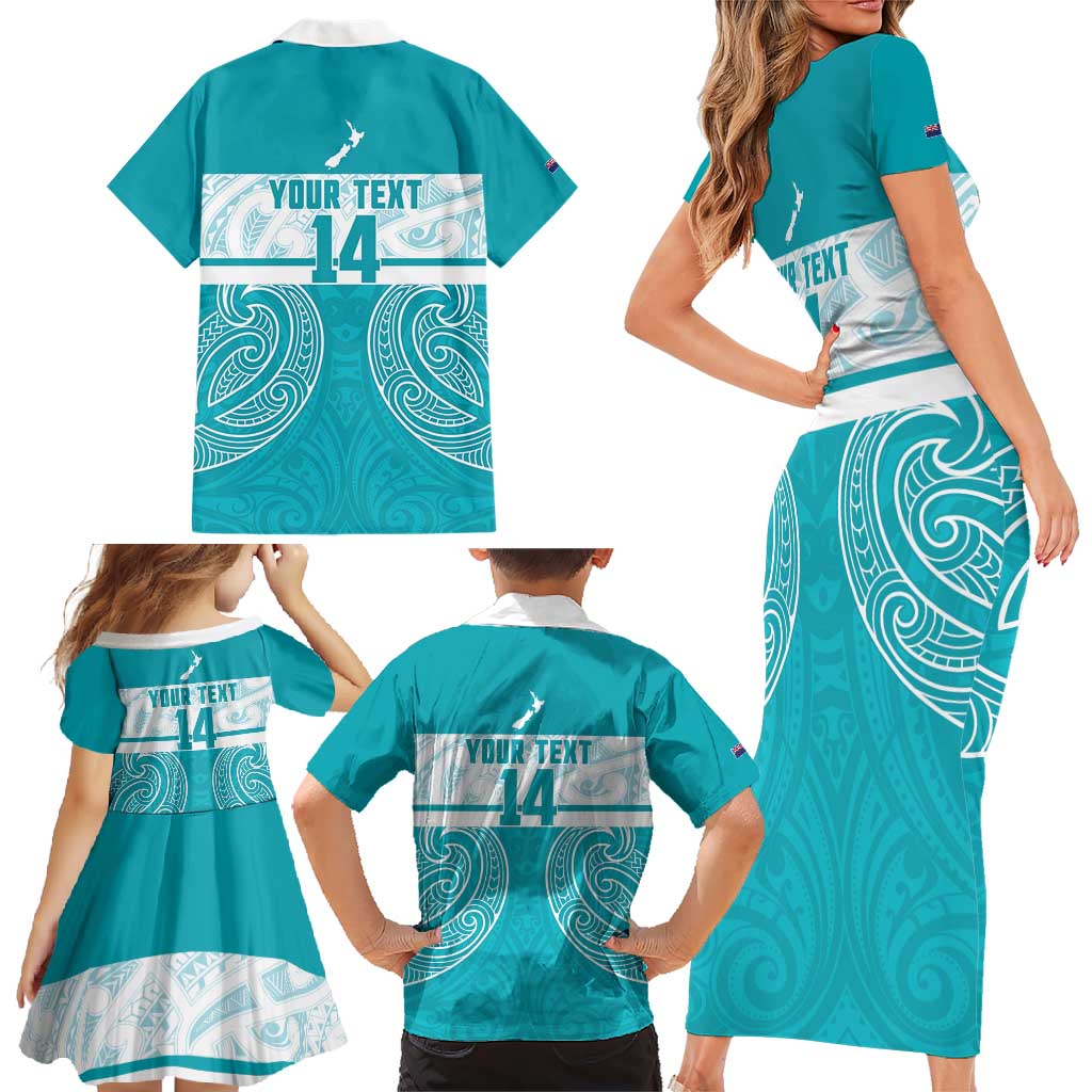 New Zealand Silver Fern Cricket Custom Family Matching Short Sleeve Bodycon Dress and Hawaiian Shirt Black Cap Teal Maori Pattern - Vibe Hoodie