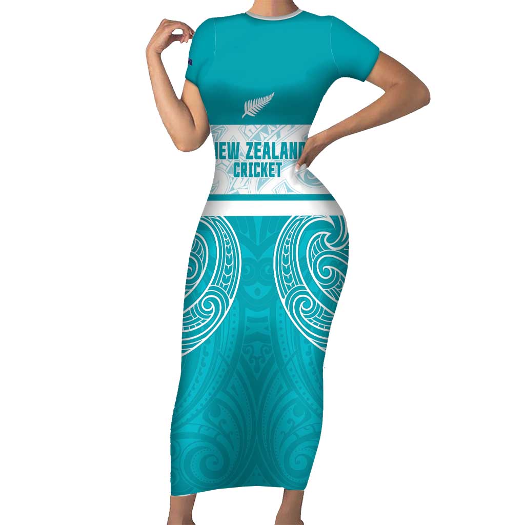 New Zealand Silver Fern Cricket Custom Family Matching Short Sleeve Bodycon Dress and Hawaiian Shirt Black Cap Teal Maori Pattern - Vibe Hoodie