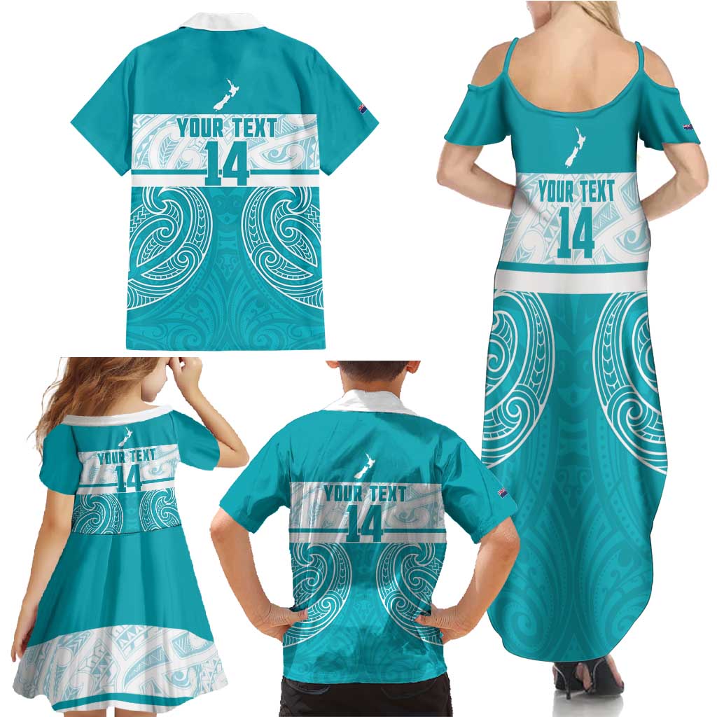 New Zealand Silver Fern Cricket Custom Family Matching Summer Maxi Dress and Hawaiian Shirt Black Cap Teal Maori Pattern - Vibe Hoodie