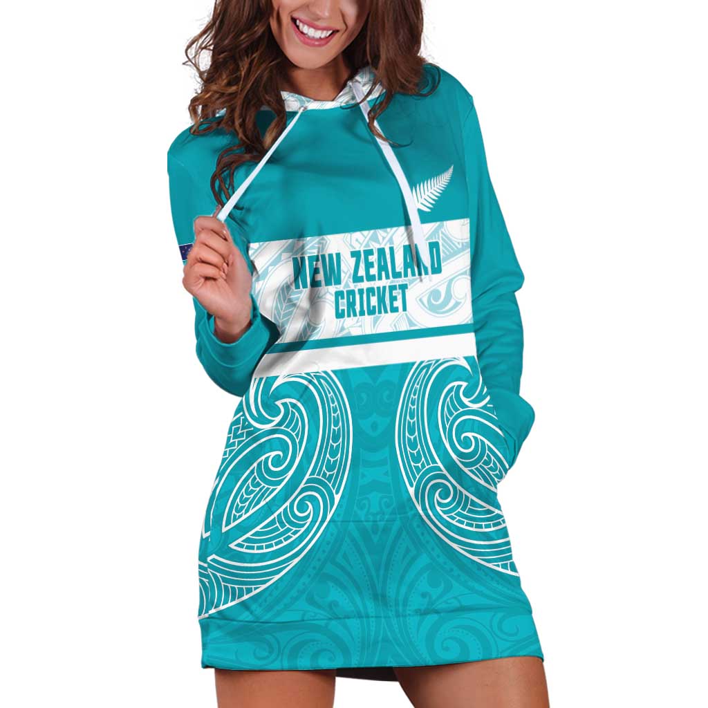 New Zealand Silver Fern Cricket Custom Hoodie Dress Black Cap Teal Maori Pattern - Vibe Hoodie