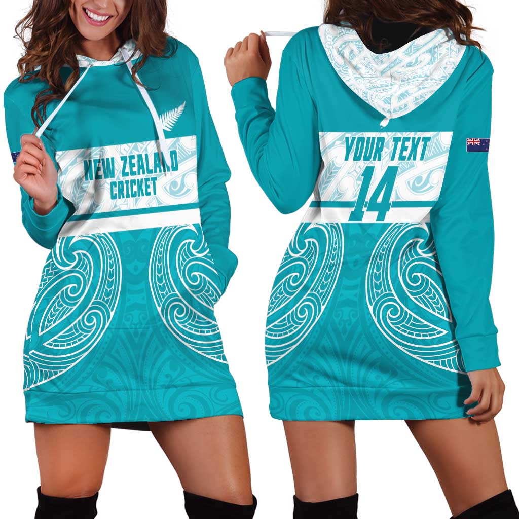 New Zealand Silver Fern Cricket Custom Hoodie Dress Black Cap Teal Maori Pattern - Vibe Hoodie