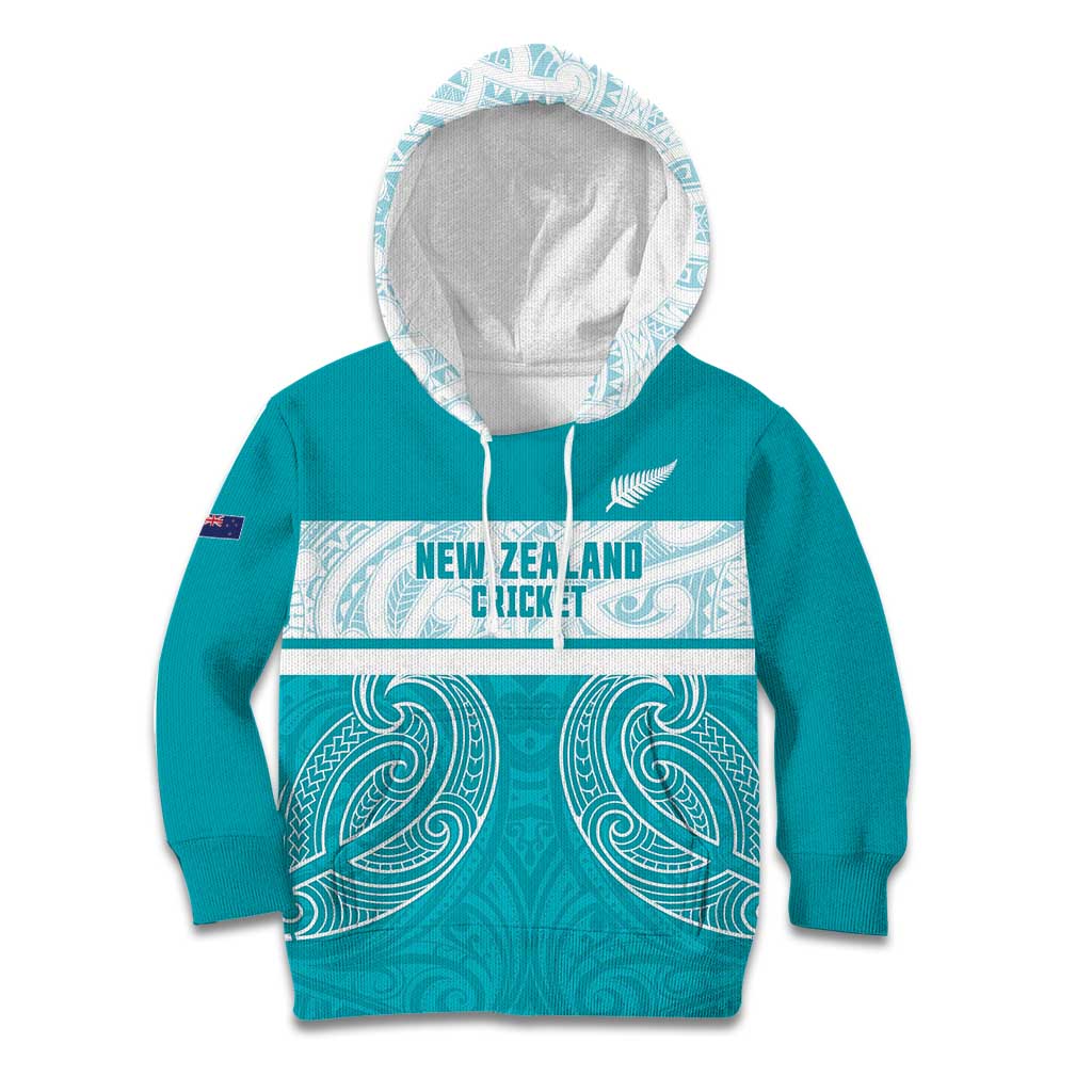 New Zealand Silver Fern Cricket Custom Kid Hoodie Black Cap Teal Maori Pattern - Vibe Hoodie