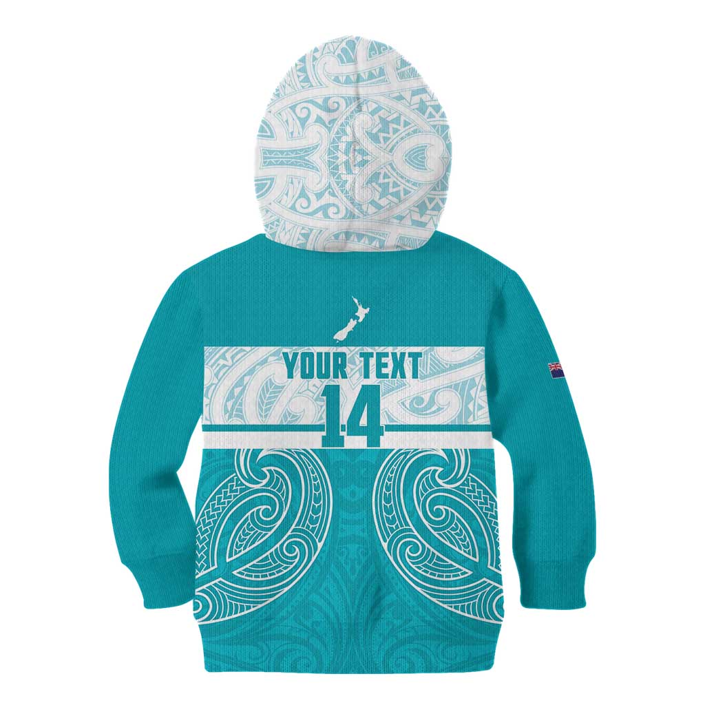 New Zealand Silver Fern Cricket Custom Kid Hoodie Black Cap Teal Maori Pattern - Vibe Hoodie