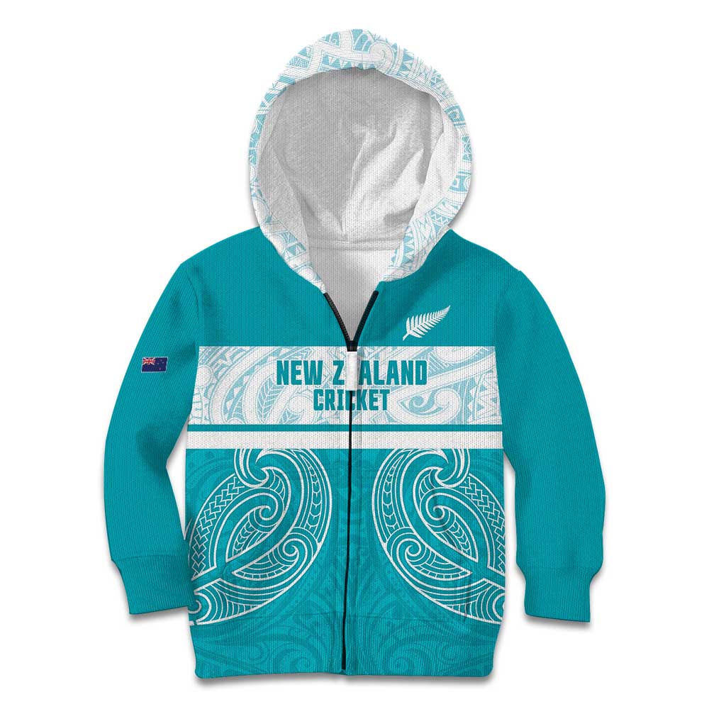 New Zealand Silver Fern Cricket Custom Kid Hoodie Black Cap Teal Maori Pattern - Vibe Hoodie