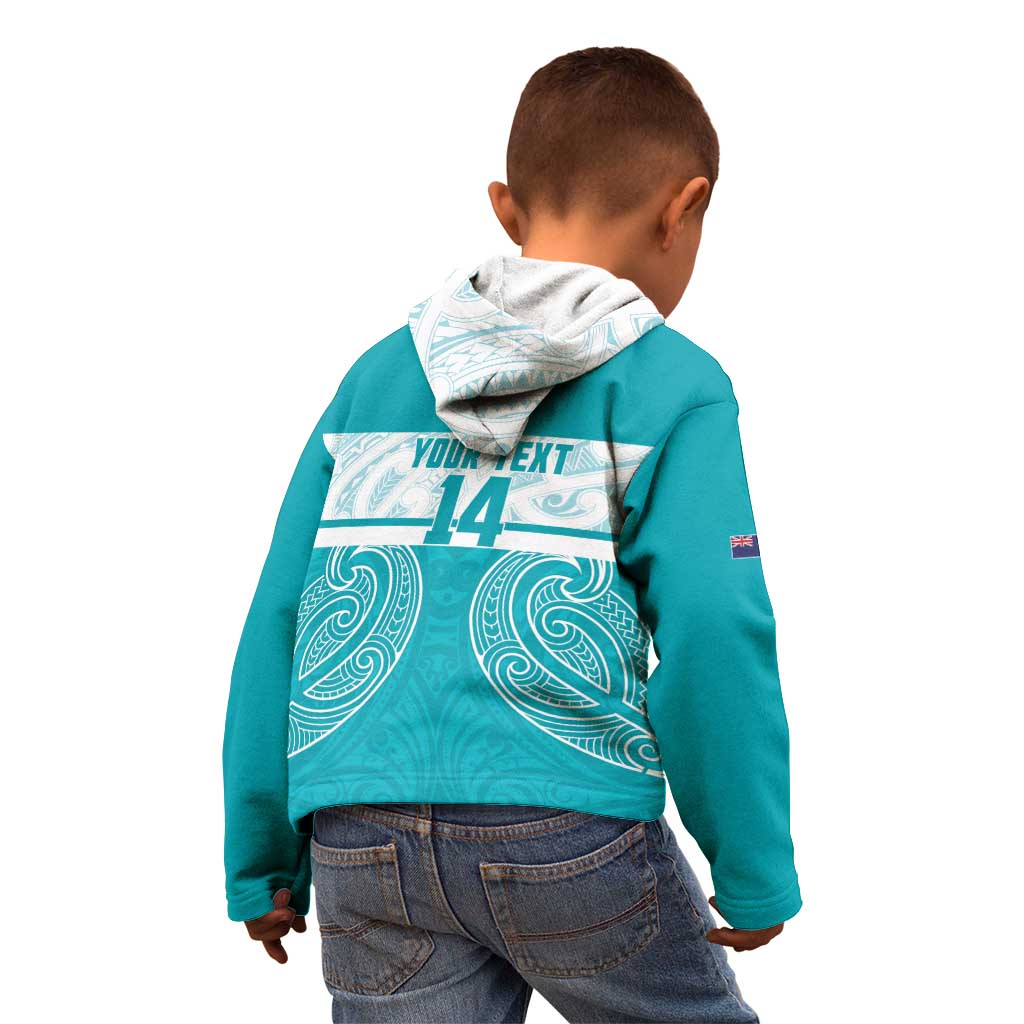 New Zealand Silver Fern Cricket Custom Kid Hoodie Black Cap Teal Maori Pattern - Vibe Hoodie