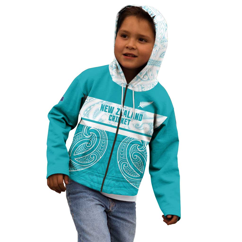New Zealand Silver Fern Cricket Custom Kid Hoodie Black Cap Teal Maori Pattern - Vibe Hoodie