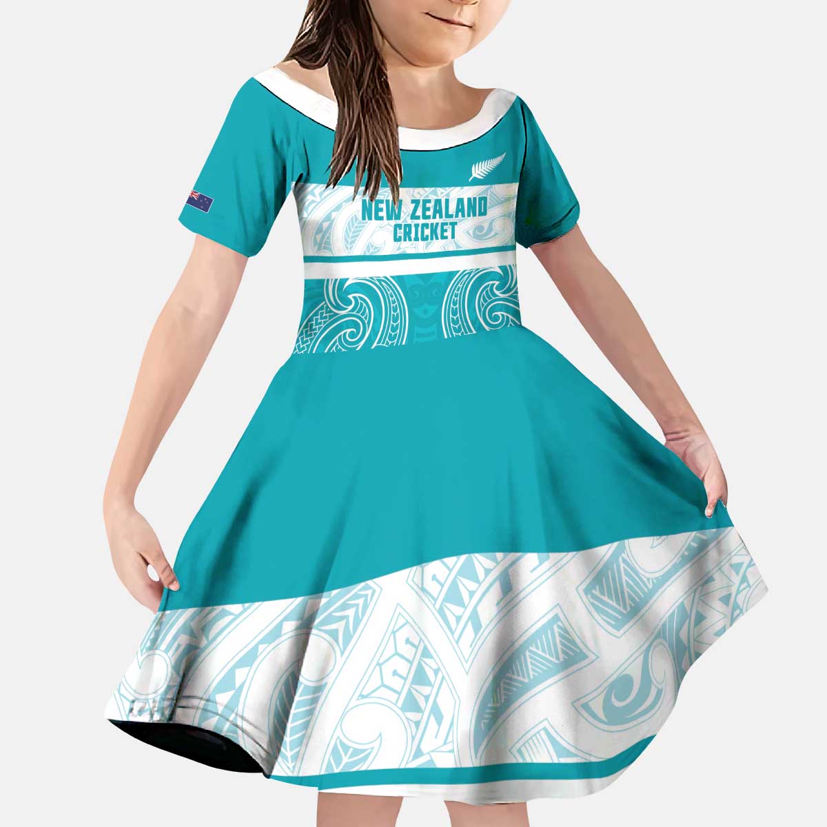 New Zealand Silver Fern Cricket Custom Kid Short Sleeve Dress Black Cap Teal Maori Pattern - Vibe Hoodie