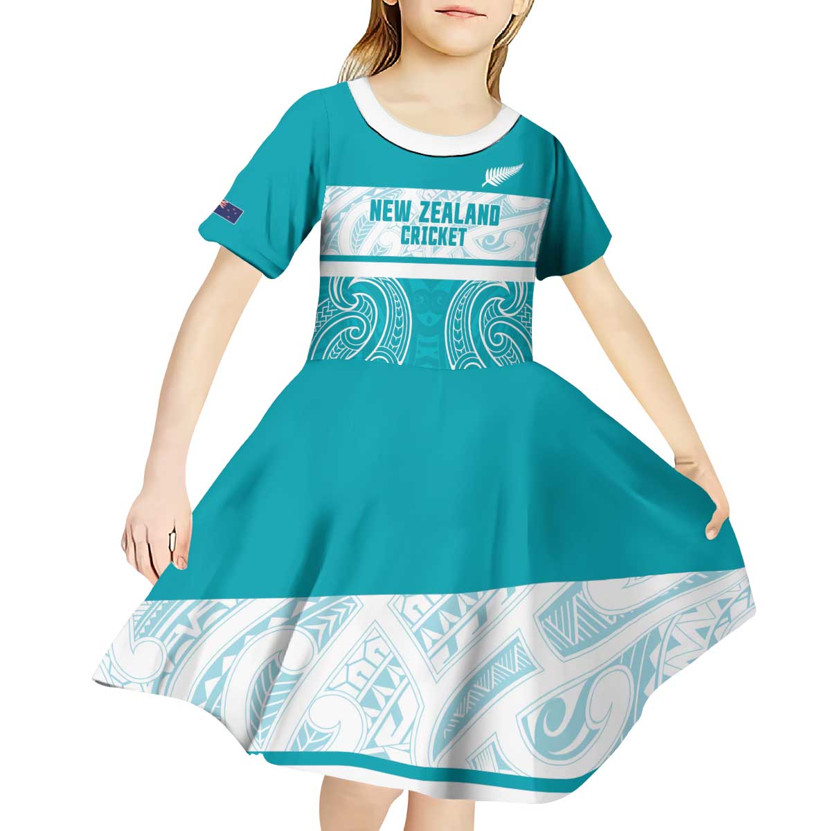 New Zealand Silver Fern Cricket Custom Kid Short Sleeve Dress Black Cap Teal Maori Pattern - Vibe Hoodie