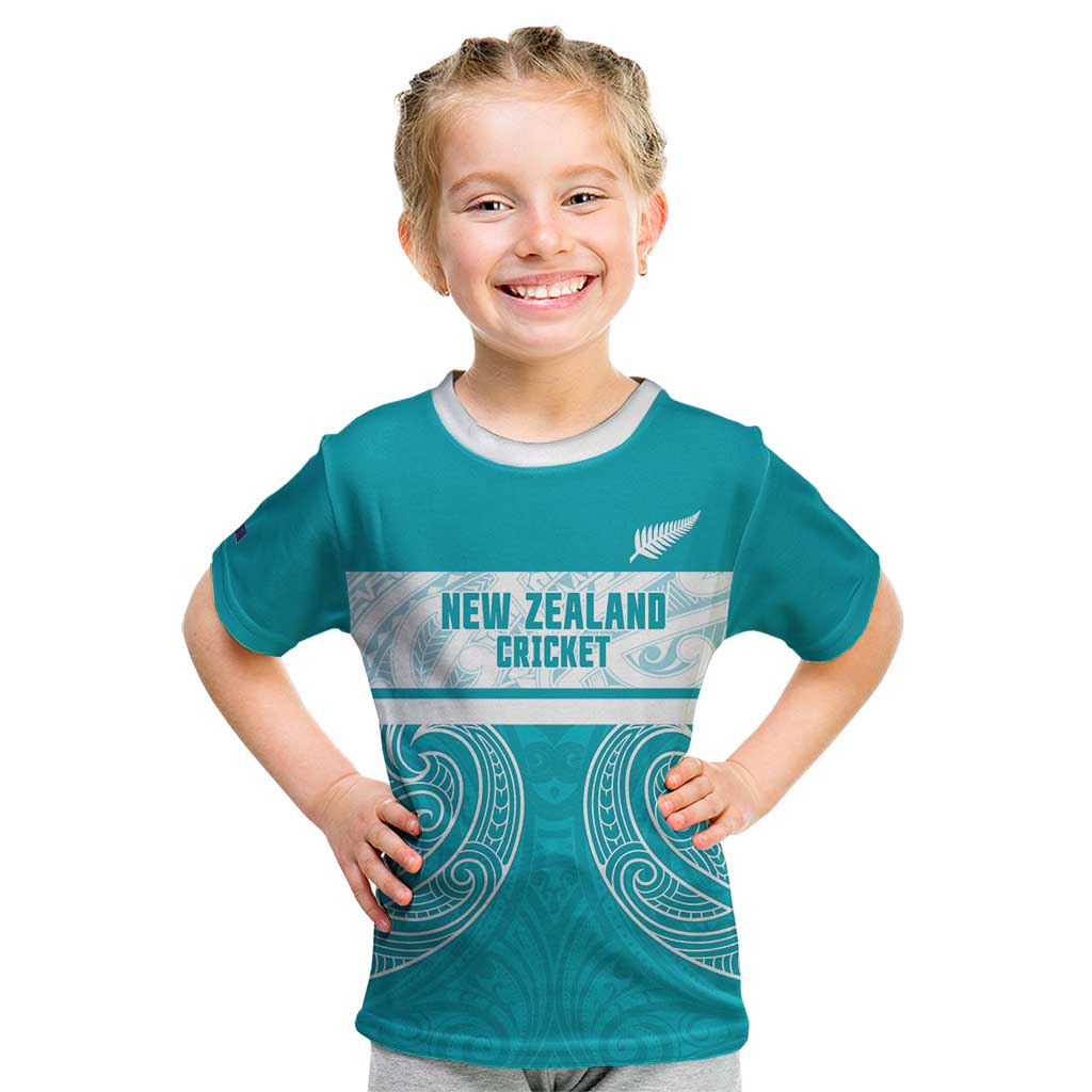 New Zealand Silver Fern Cricket Custom Kid T Shirt Black Cap Teal Maori Pattern - Vibe Hoodie