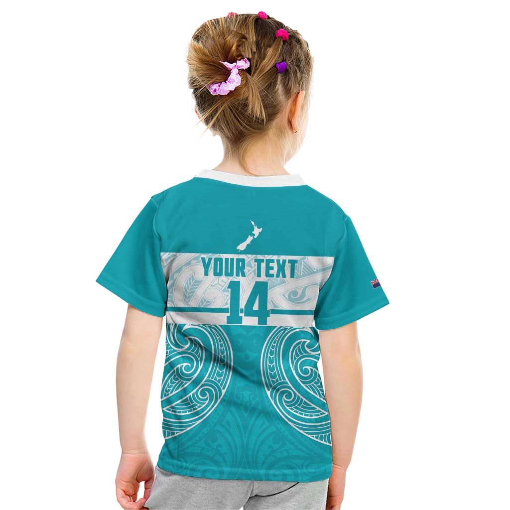 New Zealand Silver Fern Cricket Custom Kid T Shirt Black Cap Teal Maori Pattern - Vibe Hoodie