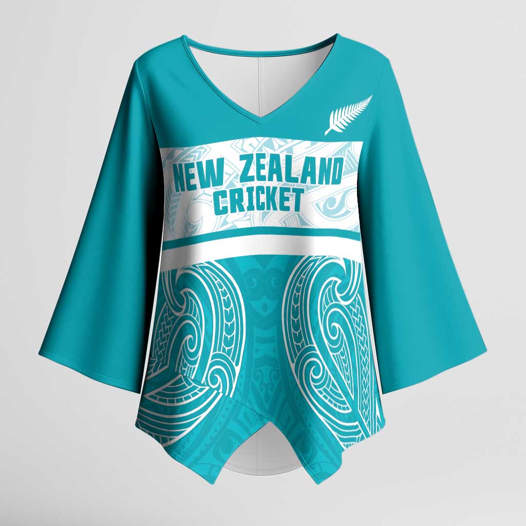 New Zealand Silver Fern Cricket Custom Kimono Sleeve Blouse Black Cap Teal Maori Pattern - Vibe Hoodie