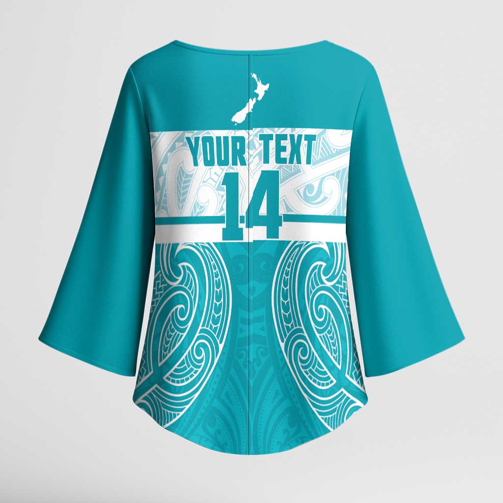 New Zealand Silver Fern Cricket Custom Kimono Sleeve Blouse Black Cap Teal Maori Pattern - Vibe Hoodie