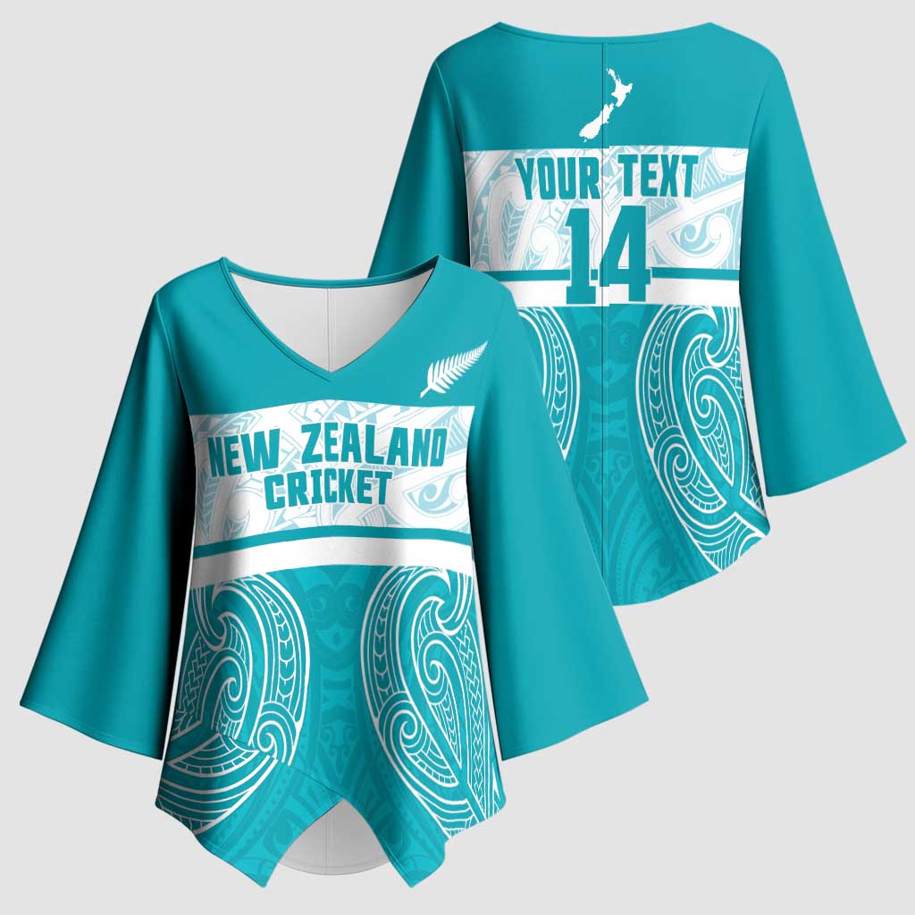 New Zealand Silver Fern Cricket Custom Kimono Sleeve Blouse Black Cap Teal Maori Pattern - Vibe Hoodie