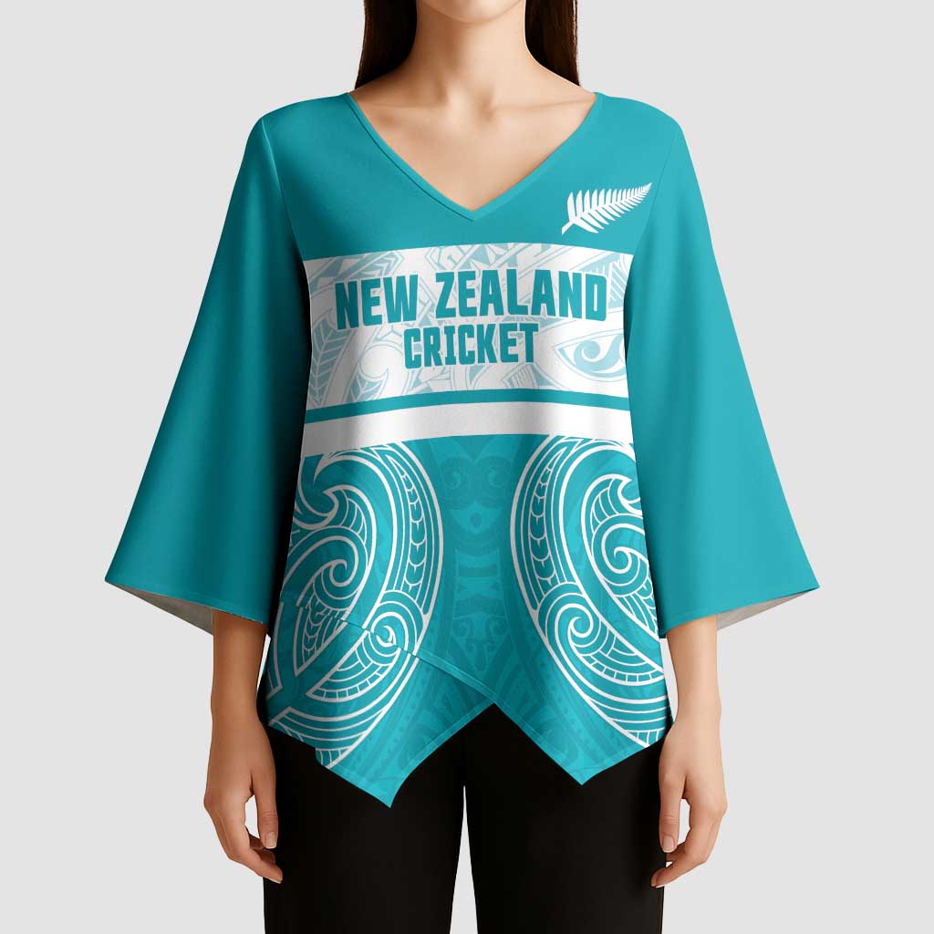 New Zealand Silver Fern Cricket Custom Kimono Sleeve Blouse Black Cap Teal Maori Pattern - Vibe Hoodie