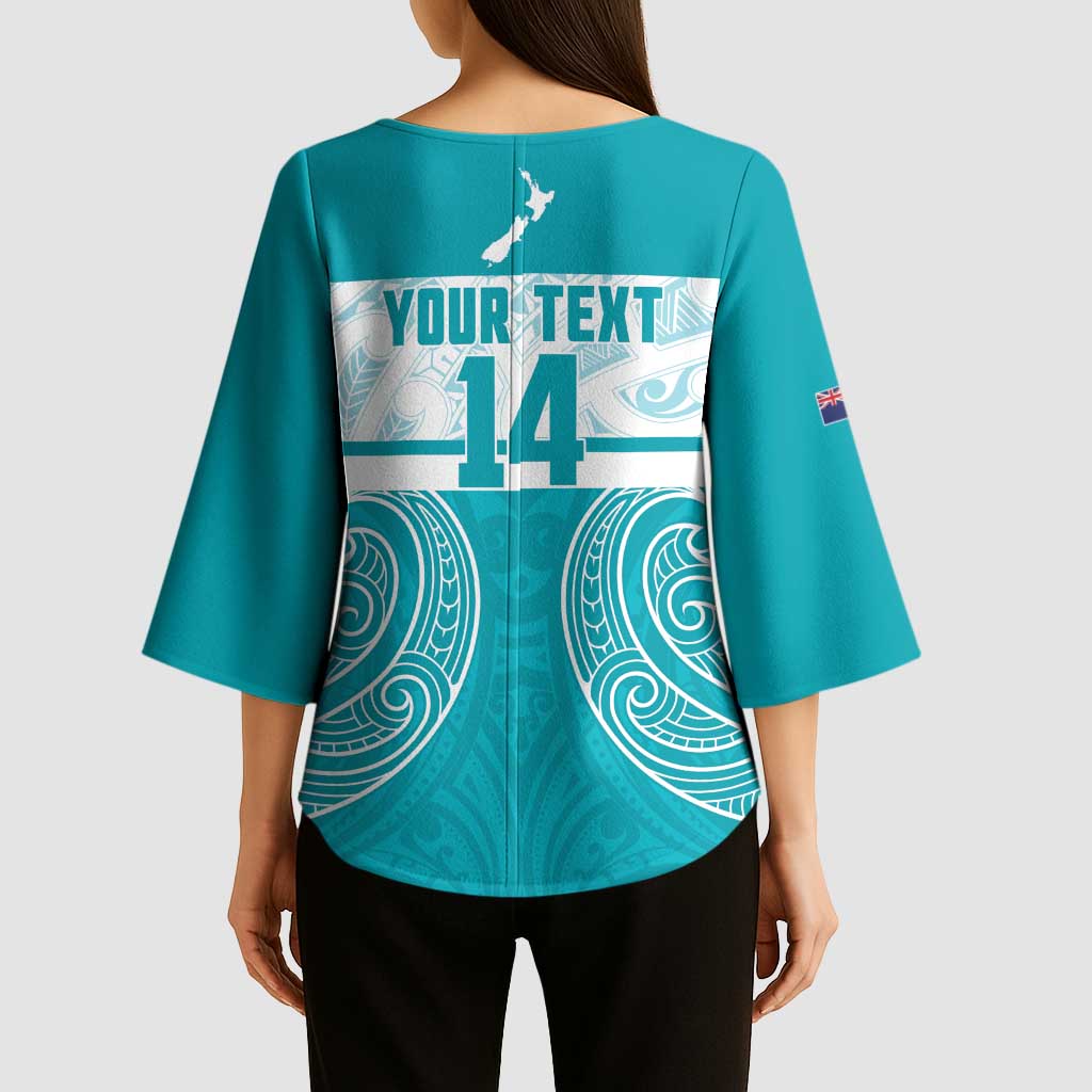 New Zealand Silver Fern Cricket Custom Kimono Sleeve Blouse Black Cap Teal Maori Pattern - Vibe Hoodie