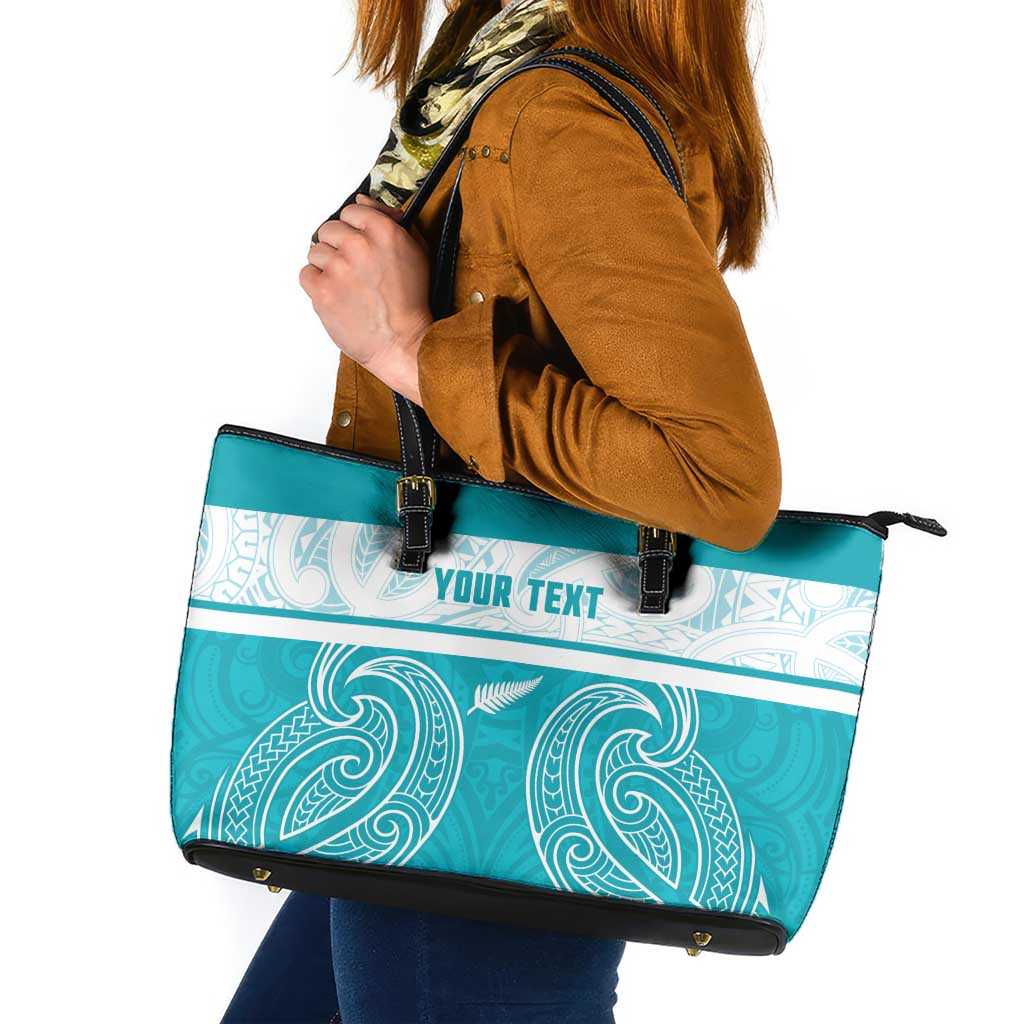 New Zealand Silver Fern Cricket Custom Leather Tote Bag Black Cap Teal Maori Pattern - Vibe Hoodie