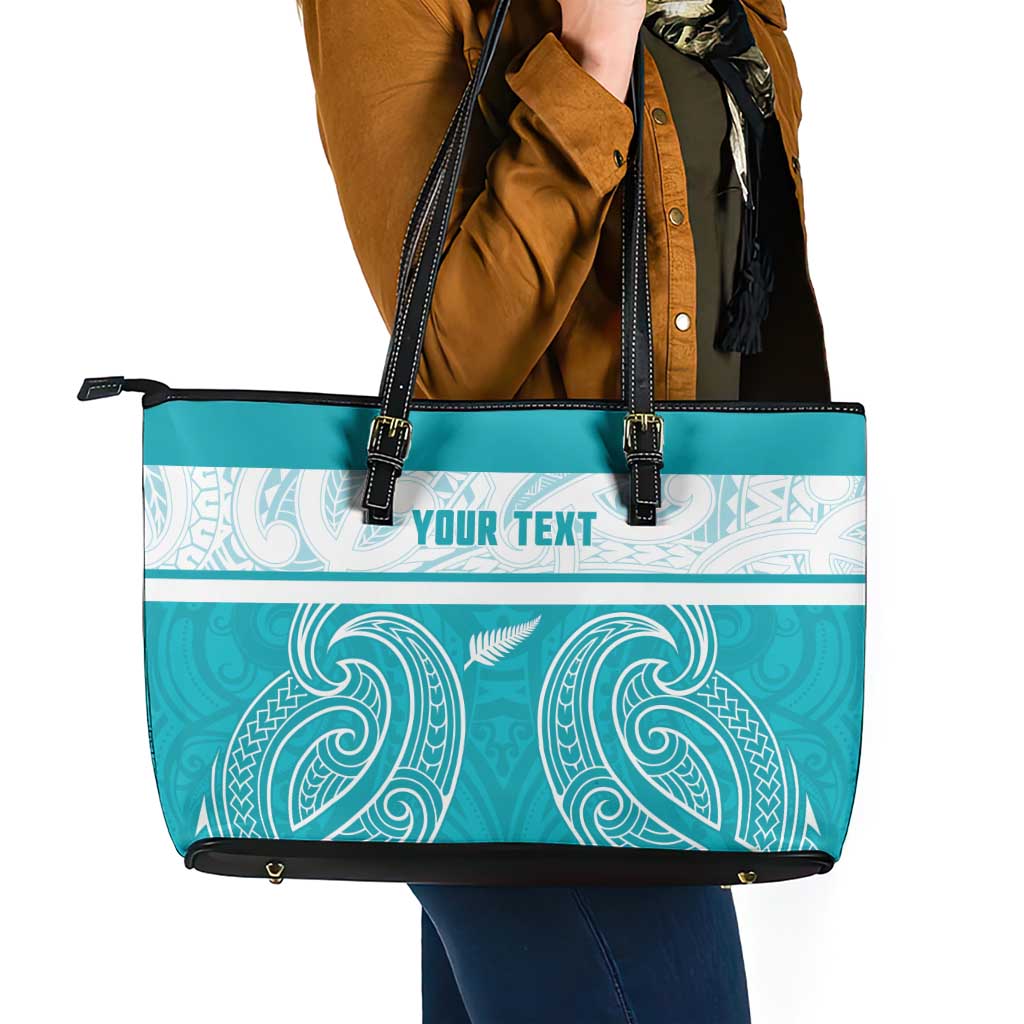 New Zealand Silver Fern Cricket Custom Leather Tote Bag Black Cap Teal Maori Pattern - Vibe Hoodie