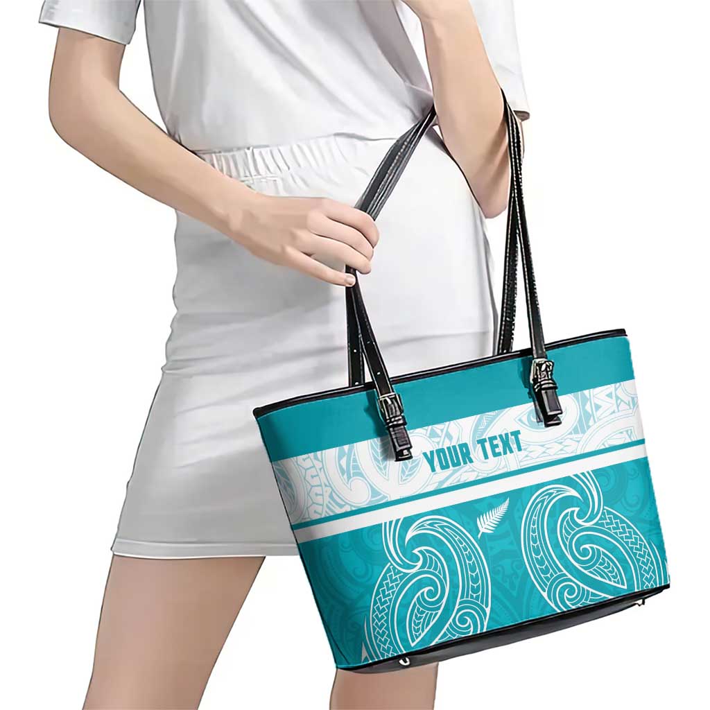 New Zealand Silver Fern Cricket Custom Leather Tote Bag Black Cap Teal Maori Pattern - Vibe Hoodie