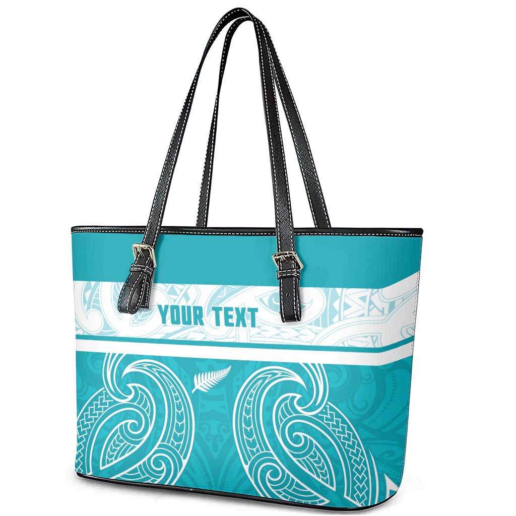 New Zealand Silver Fern Cricket Custom Leather Tote Bag Black Cap Teal Maori Pattern - Vibe Hoodie