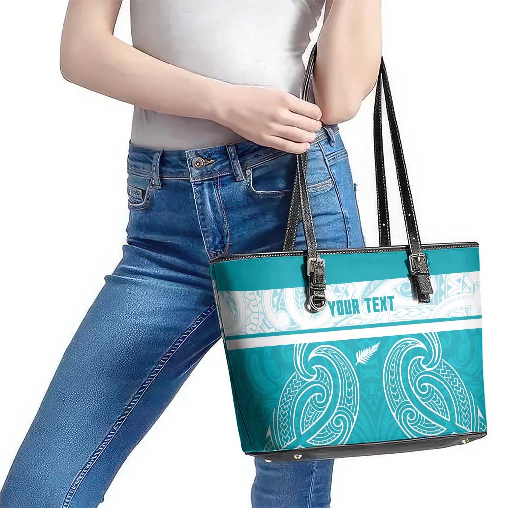 New Zealand Silver Fern Cricket Custom Leather Tote Bag Black Cap Teal Maori Pattern - Vibe Hoodie