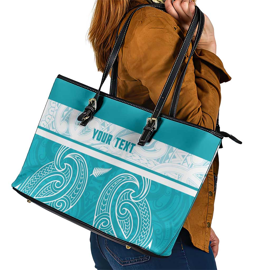 New Zealand Silver Fern Cricket Custom Leather Tote Bag Black Cap Teal Maori Pattern - Vibe Hoodie