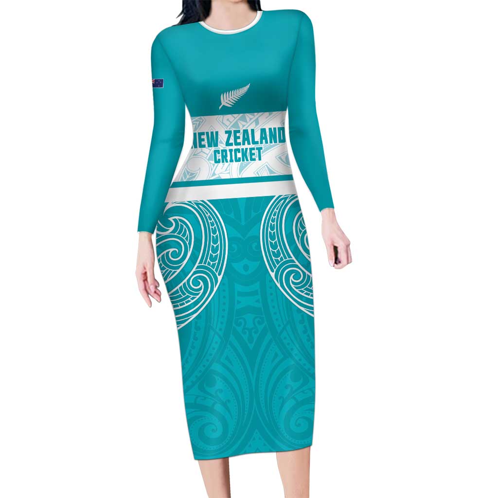 New Zealand Silver Fern Cricket Custom Long Sleeve Bodycon Dress Black Cap Teal Maori Pattern - Vibe Hoodie