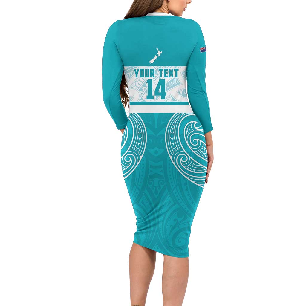 New Zealand Silver Fern Cricket Custom Long Sleeve Bodycon Dress Black Cap Teal Maori Pattern - Vibe Hoodie