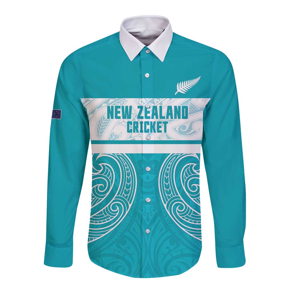 New Zealand Silver Fern Cricket Custom Long Sleeve Button Shirt Black Cap Teal Maori Pattern - Vibe Hoodie