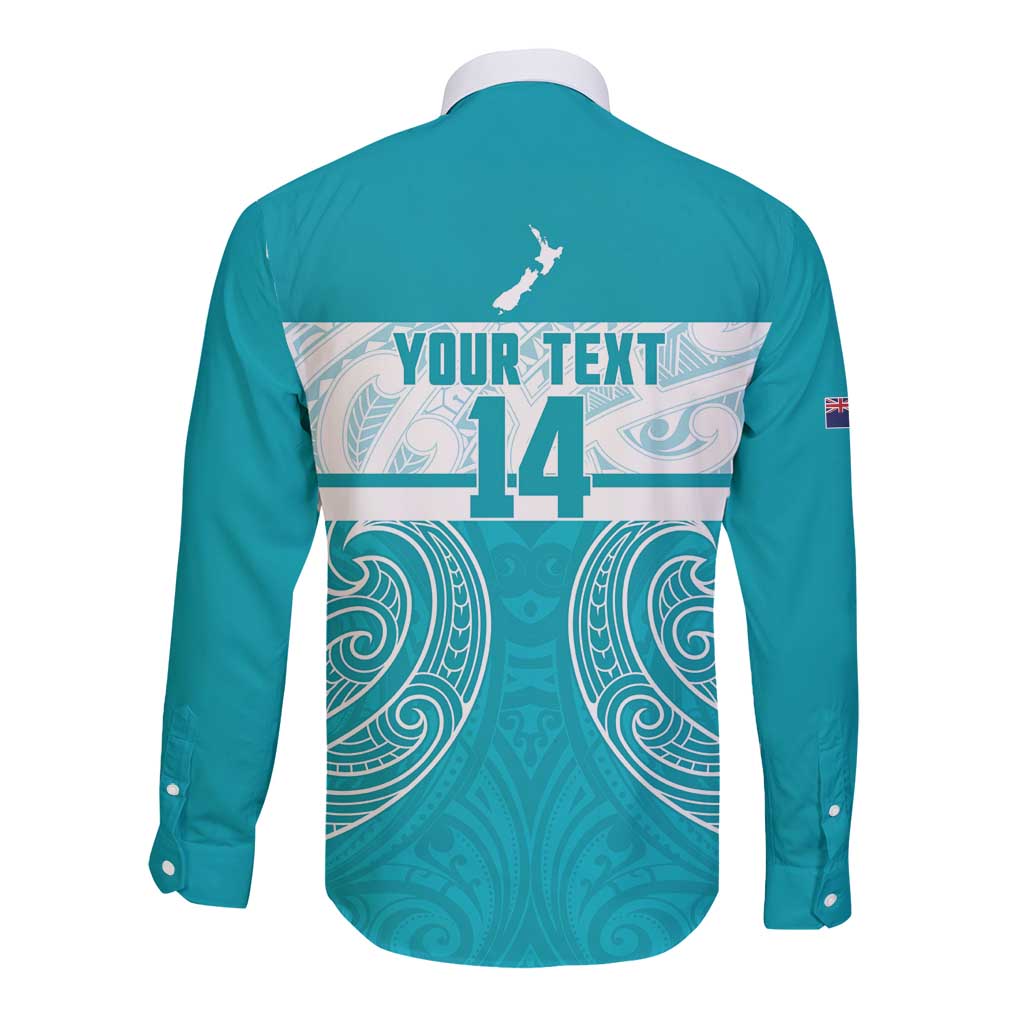 New Zealand Silver Fern Cricket Custom Long Sleeve Button Shirt Black Cap Teal Maori Pattern - Vibe Hoodie