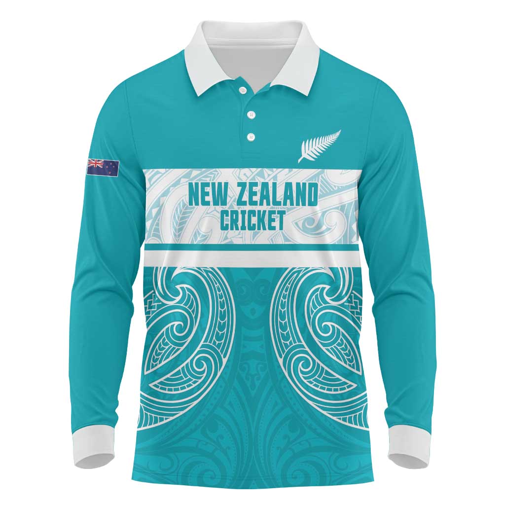 New Zealand Silver Fern Cricket Custom Long Sleeve Polo Shirt Black Cap Teal Maori Pattern - Vibe Hoodie