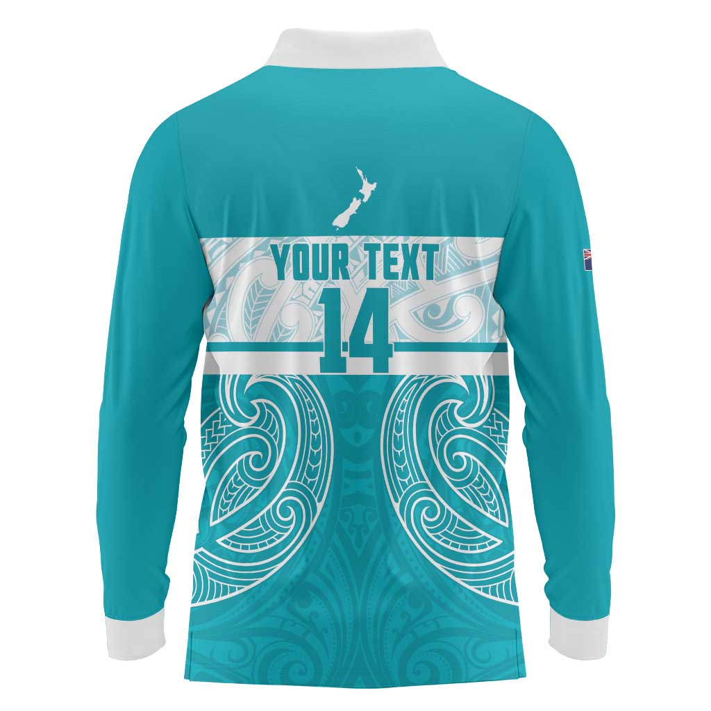New Zealand Silver Fern Cricket Custom Long Sleeve Polo Shirt Black Cap Teal Maori Pattern - Vibe Hoodie