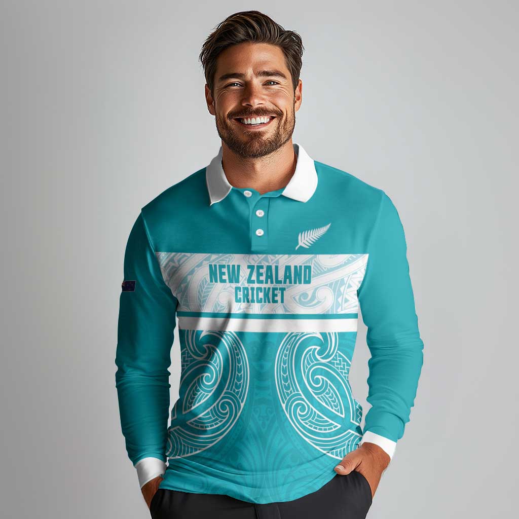 New Zealand Silver Fern Cricket Custom Long Sleeve Polo Shirt Black Cap Teal Maori Pattern - Vibe Hoodie