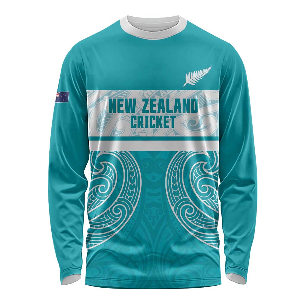 New Zealand Silver Fern Cricket Custom Long Sleeve Shirt Black Cap Teal Maori Pattern - Vibe Hoodie