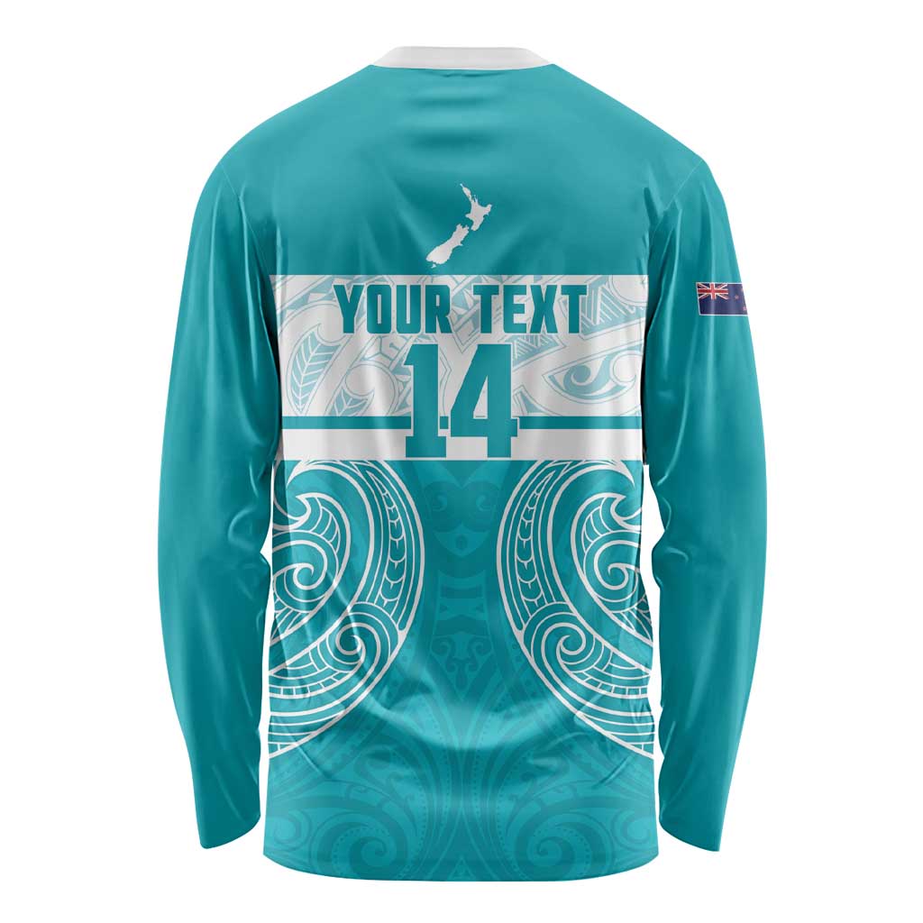 New Zealand Silver Fern Cricket Custom Long Sleeve Shirt Black Cap Teal Maori Pattern - Vibe Hoodie