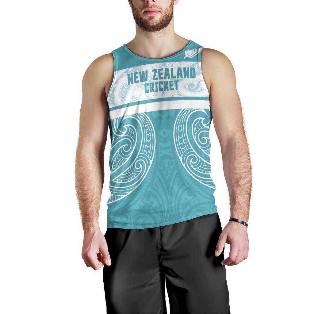 New Zealand Silver Fern Cricket Custom Men Tank Top Black Cap Teal Maori Pattern - Vibe Hoodie