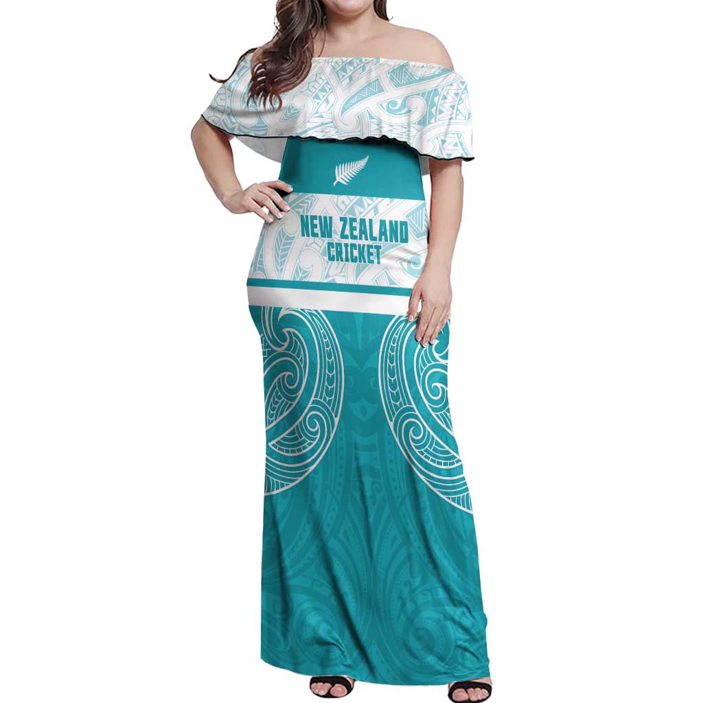 New Zealand Silver Fern Cricket Custom Off Shoulder Maxi Dress Black Cap Teal Maori Pattern - Vibe Hoodie