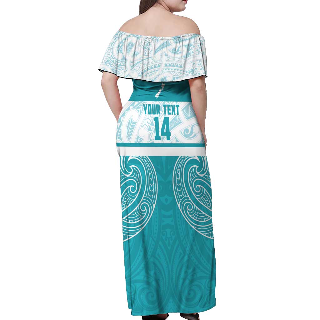 New Zealand Silver Fern Cricket Custom Off Shoulder Maxi Dress Black Cap Teal Maori Pattern - Vibe Hoodie