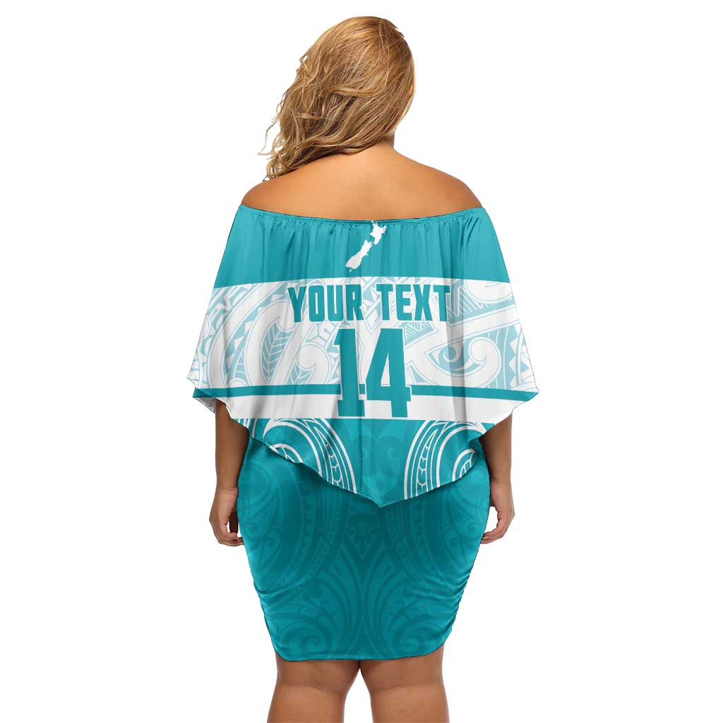 New Zealand Silver Fern Cricket Custom Off Shoulder Short Dress Black Cap Teal Maori Pattern - Vibe Hoodie