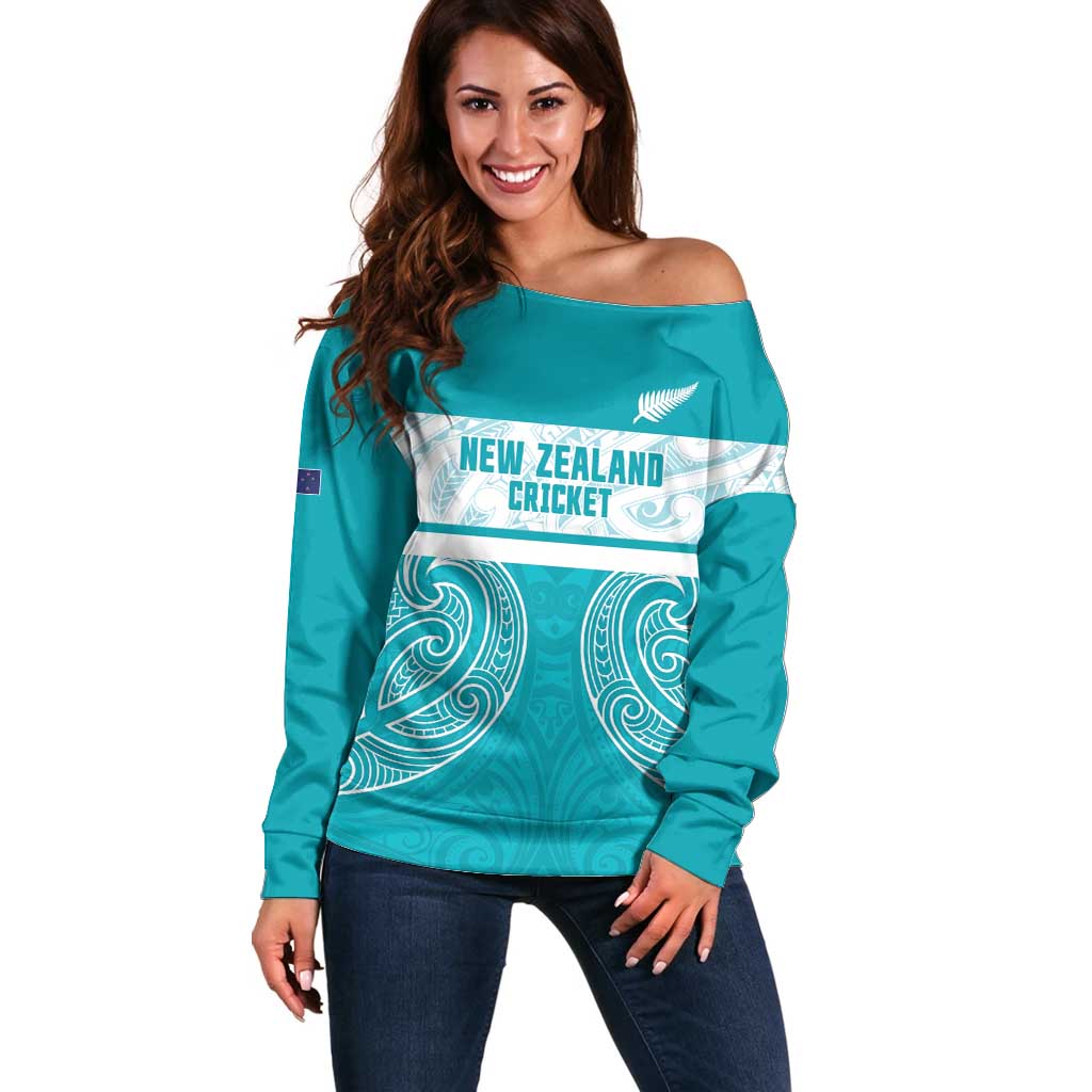 New Zealand Silver Fern Cricket Custom Off Shoulder Sweater Black Cap Teal Maori Pattern - Vibe Hoodie