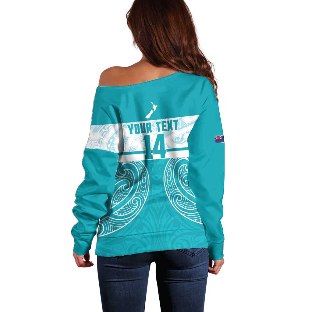 New Zealand Silver Fern Cricket Custom Off Shoulder Sweater Black Cap Teal Maori Pattern - Vibe Hoodie