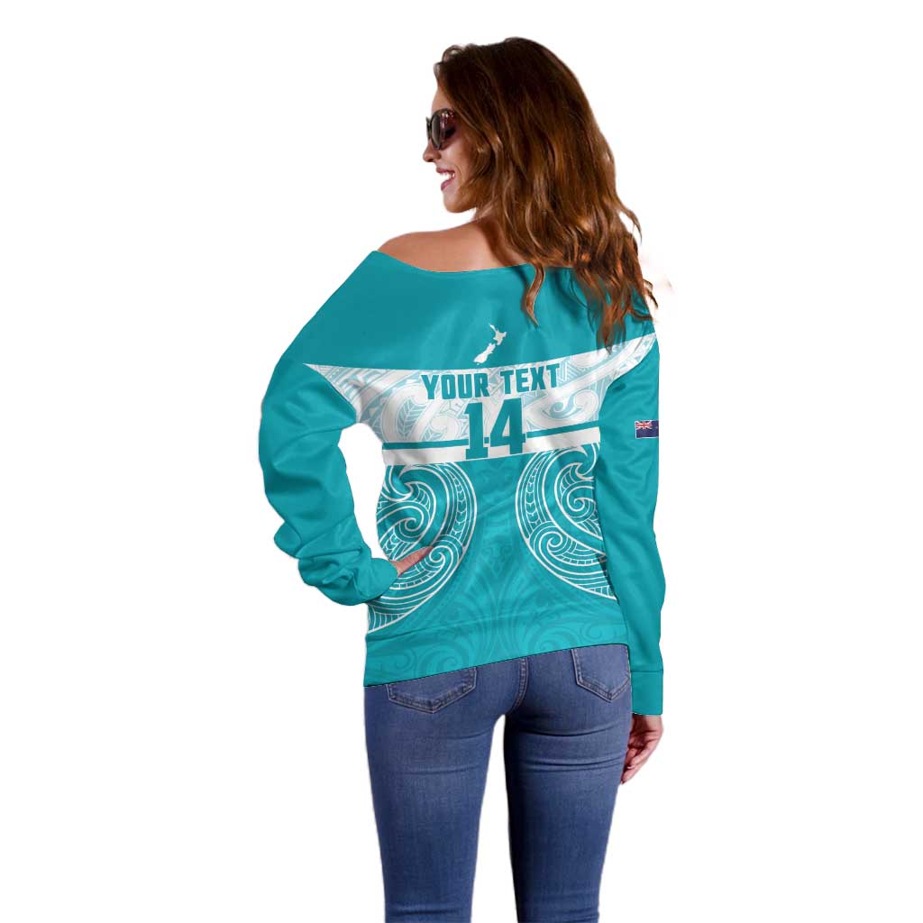 New Zealand Silver Fern Cricket Custom Off Shoulder Sweater Black Cap Teal Maori Pattern - Vibe Hoodie