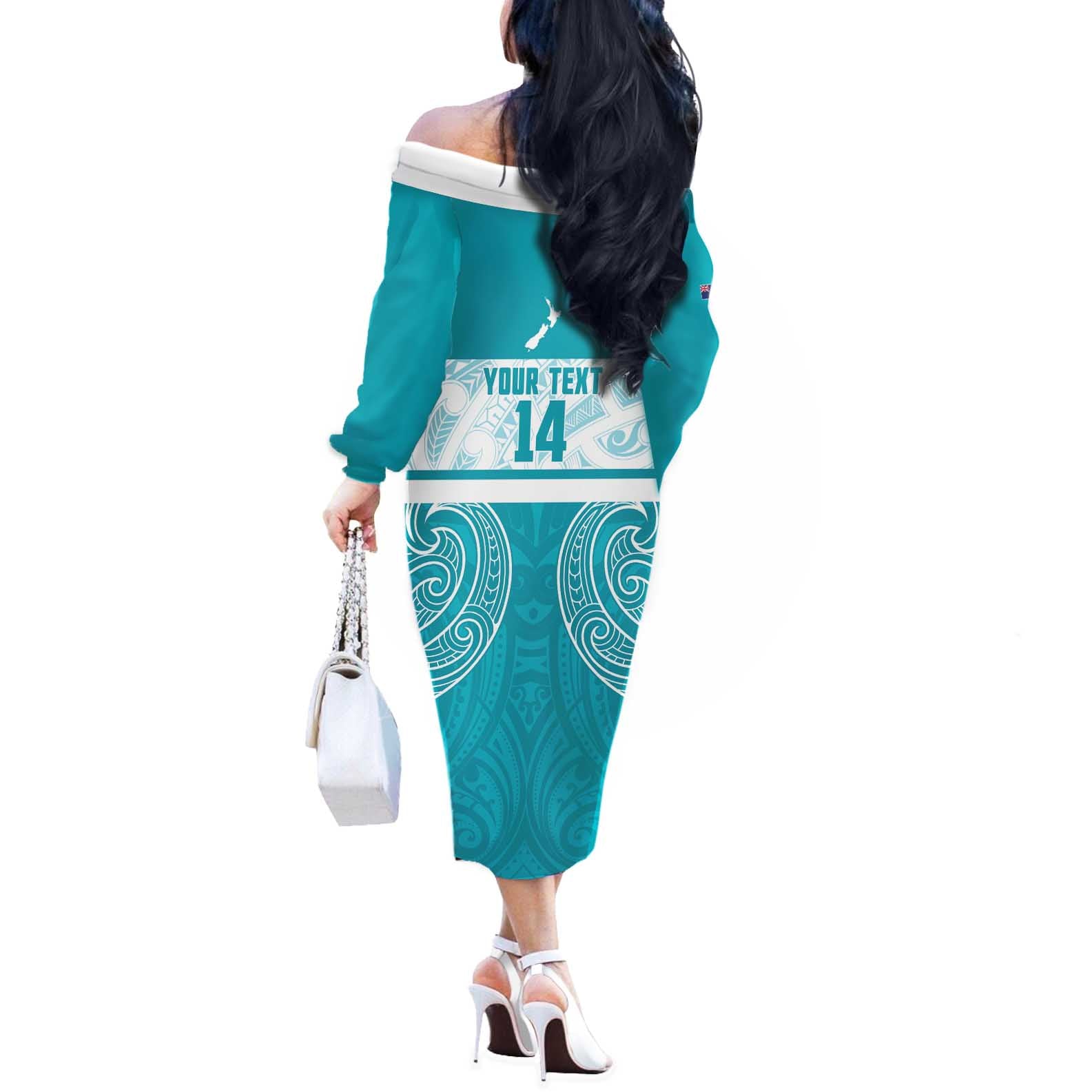 New Zealand Silver Fern Cricket Custom Off The Shoulder Long Sleeve Dress Black Cap Teal Maori Pattern - Vibe Hoodie