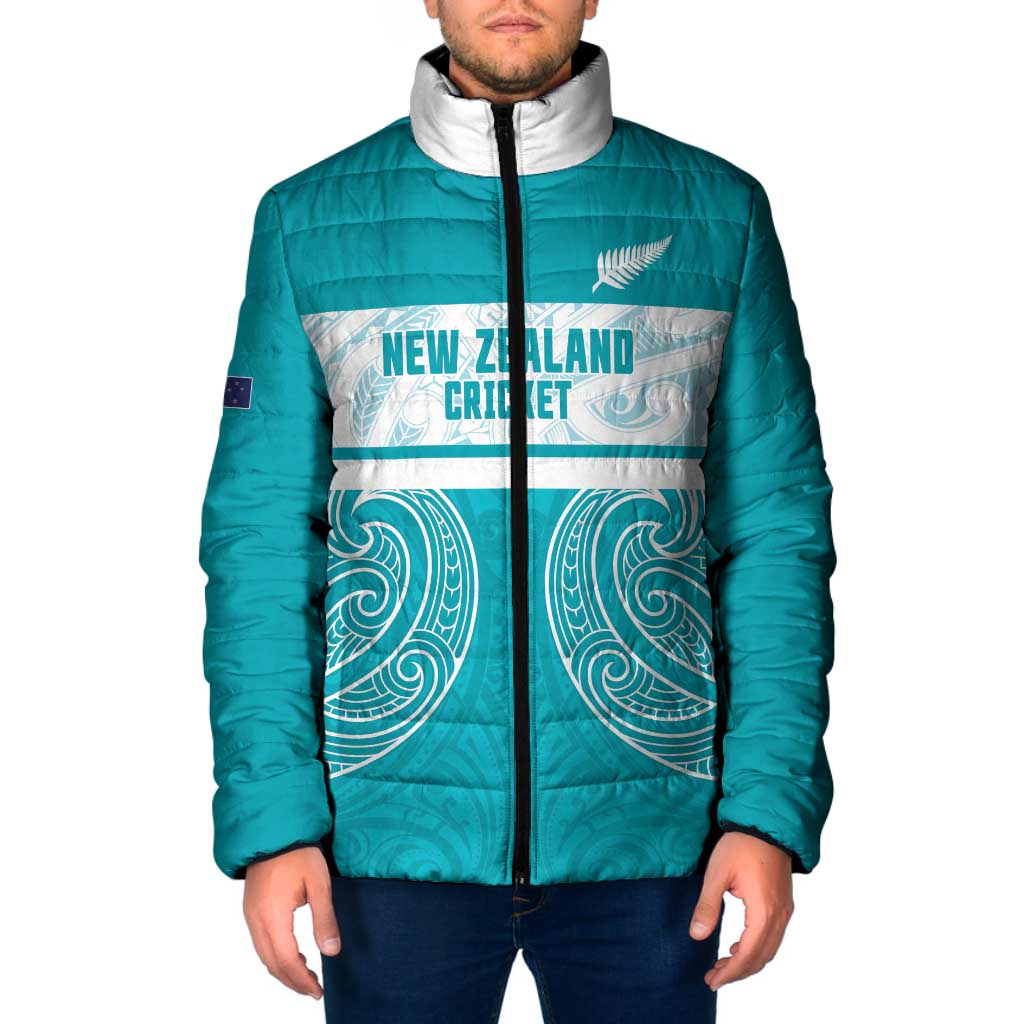 New Zealand Silver Fern Cricket Custom Padded Jacket Black Cap Teal Maori Pattern - Vibe Hoodie