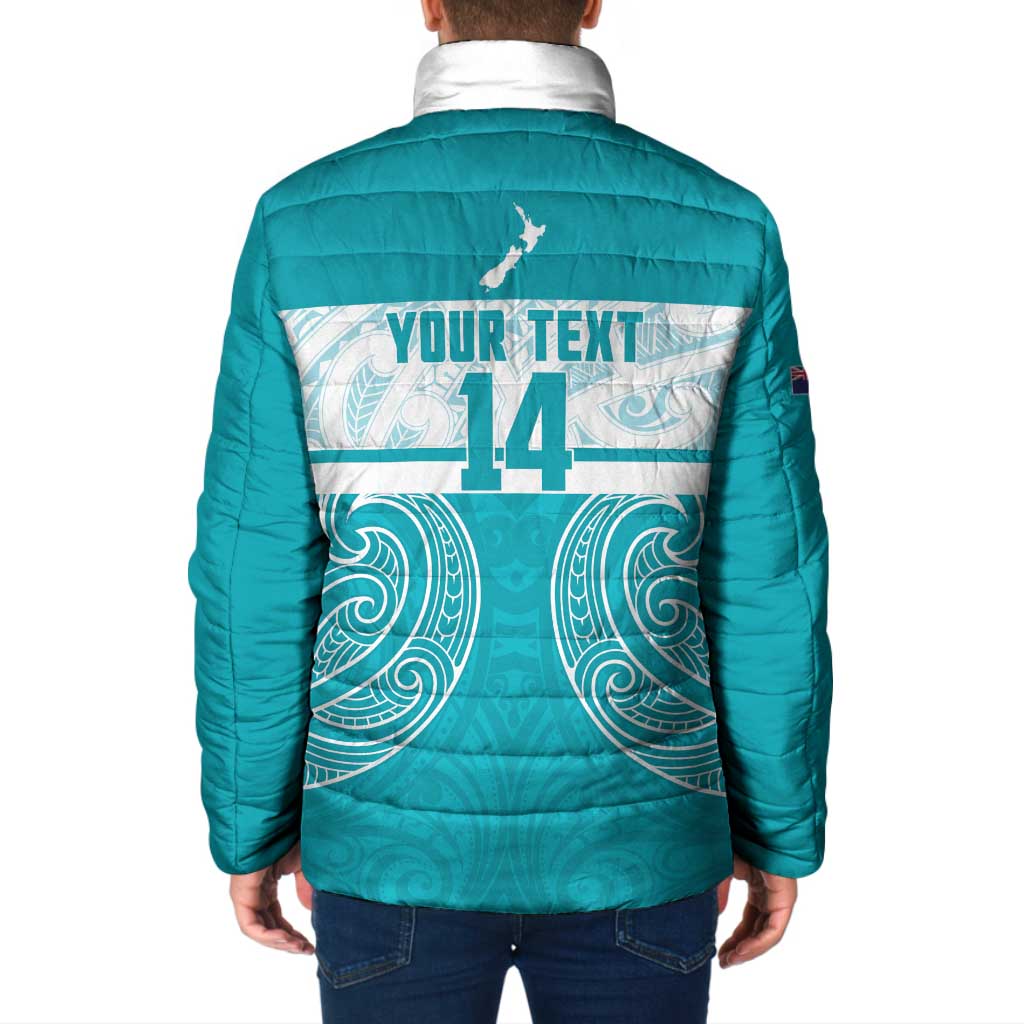 New Zealand Silver Fern Cricket Custom Padded Jacket Black Cap Teal Maori Pattern - Vibe Hoodie