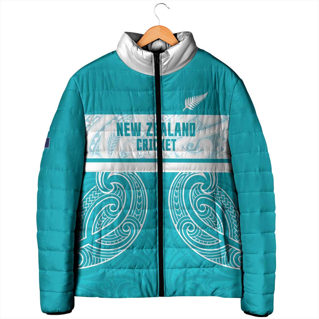 New Zealand Silver Fern Cricket Custom Padded Jacket Black Cap Teal Maori Pattern - Vibe Hoodie