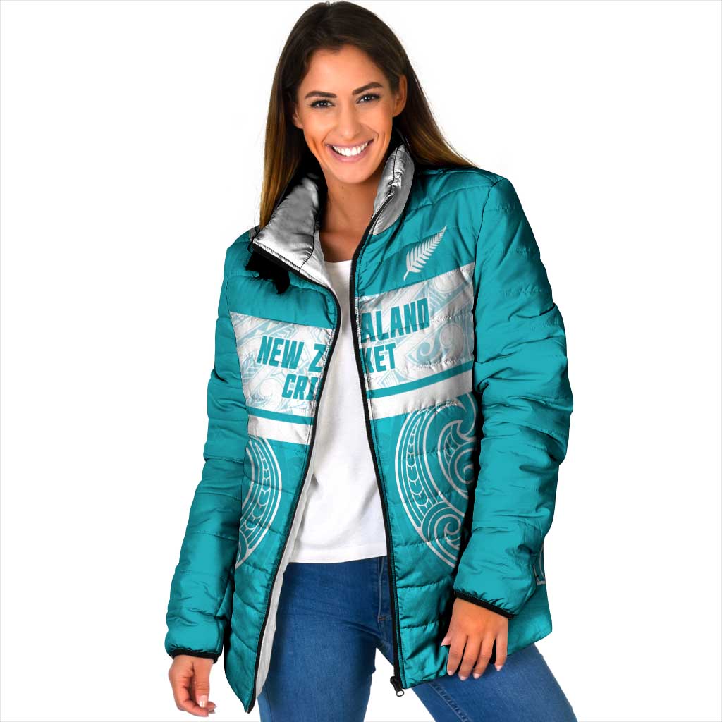 New Zealand Silver Fern Cricket Custom Padded Jacket Black Cap Teal Maori Pattern - Vibe Hoodie