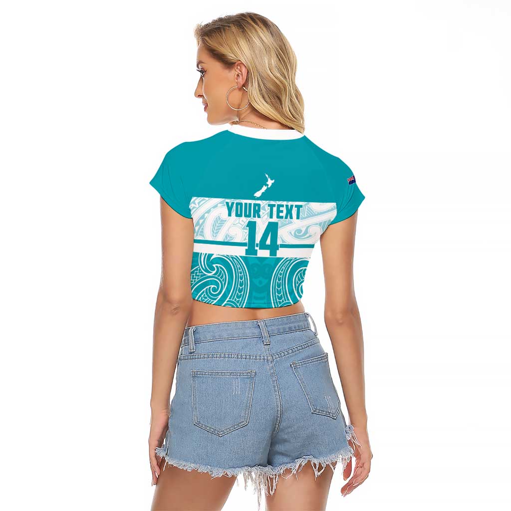 New Zealand Silver Fern Cricket Custom Raglan Cropped T Shirt Black Cap Teal Maori Pattern - Vibe Hoodie