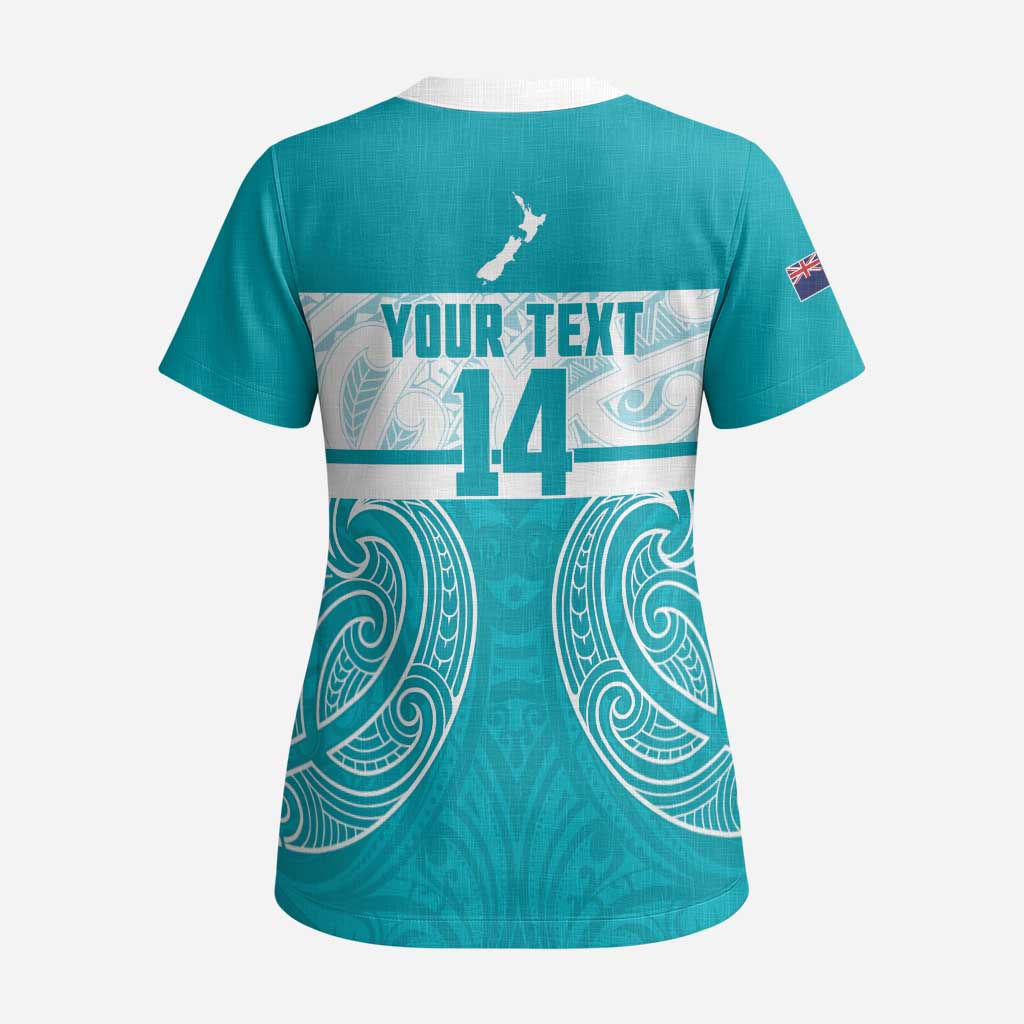 New Zealand Silver Fern Cricket Custom Scrub Top Black Cap Teal Maori Pattern - Vibe Hoodie